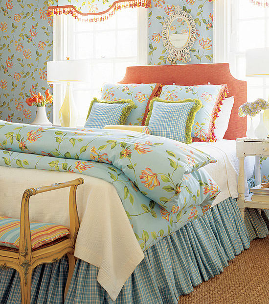 0 Provence style bedroom interior design blue bed linen floral pattern wallpaper